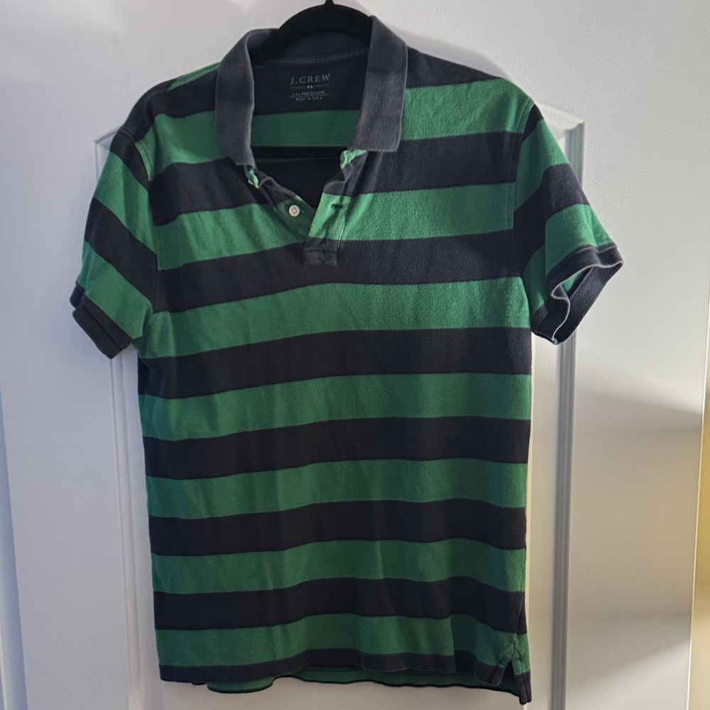 J. Crew Men's Polo with Green and Black Stripes| Medium